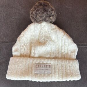 Never worn-Carhartt Womens White Cable Knit Beanie with Brown Pom